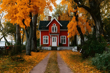 A picturesque red cottage stands surrounded by vibrant autumn foliage, with golden leaves carpeting the path. tall trees frame the peaceful scene, embodying the essence of a serene countryside retreat in fall. Generative AIの素材