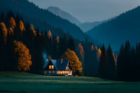 A secluded cabin nestled in a peaceful valley surrounded by autumn-hued trees and majestic mountains under a twilight sky. soft, warm lights from the cabin create a comforting contrast against the cool blue tones of the dusk setting. Generative AIの素材