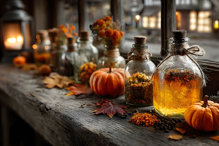 A rustic setup showcasing an enchanting autumn theme, featuring glass jars filled with dried herbs and spices, small pumpkins, scattered fall leaves, and a softly glowing lantern, all placed on a wooden surface. Generative AIの素材