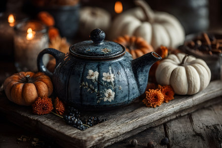 A beautifully crafted ceramic teapot with floral designs sits amidst small pumpkins and chrysanthemums on a wooden tray. warm candlelight adds a cozy ambiance, ideal for autumn-themed decor or seasonal gatherings. Generative AIの素材