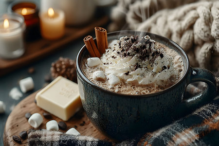 Steaming hot chocolate topped with whipped cream, mini marshmallows, and chocolate shavings, garnished with cinnamon sticks. set against a cozy backdrop with candles and a warm knitted blanket, evoking comfort and warmth. Generative AIの素材