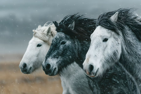 Three wild horses gallop across a snowy landscape, their manes flowing in the wind. the dynamic movement raw beauty and spirit of wildlife in a natural habitat, set against a moody, overcast sky. Generative AIの素材