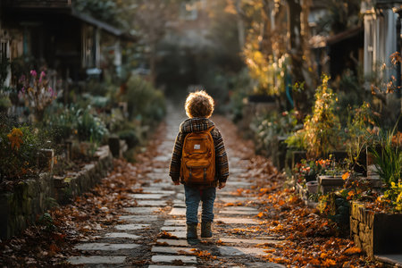 A young child with a curly hairstyle, clad in a plaid jacket and jeans, explores a picturesque pathway adorned with vibrant autumn leaves. the warm sunlight filters through the trees, casting a serene and inviting glow. Generative AIの素材