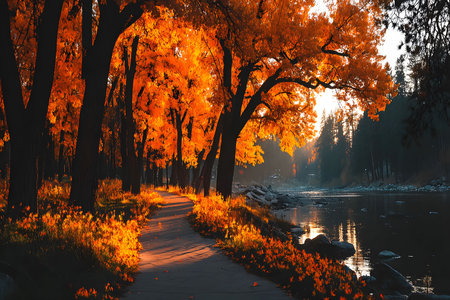 A serene pathway meanders beside a calm river, framed by vibrant orange and gold foliage of autumn trees. the sun casts a warm glow, creating a peaceful and enchanting forest setting perfect for relaxation and reflection. Generative AIの素材