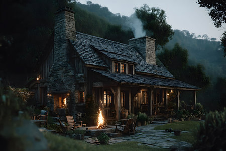 Enchanting countryside cabin set in lush greenery, elegantly illuminated at dusk. stone chimney emits gentle smoke, while an inviting bonfire flickers in the foreground, creating a serene ambiance perfect for relaxation or rustic decor inspiration. Generative AIの素材