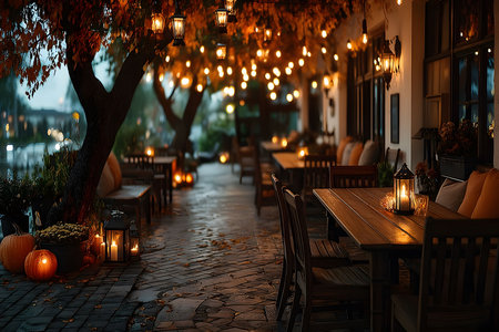 Outdoor cafe setting adorned with warm string lights and autumn foliage. wooden tables and chairs create a cozy ambiance, enhanced by glowing lanterns and seasonal pumpkins, offering a serene and inviting atmosphere for relaxation. Generative AIの素材