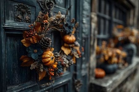 A rustic wooden door adorned with an autumn-themed wreath featuring pumpkins, pinecones, and foliage, encapsulating the essence of fall. a blurred background suggests a cozy, vintage setting perfect for seasonal or holiday decorating inspiration. Generative AIの素材