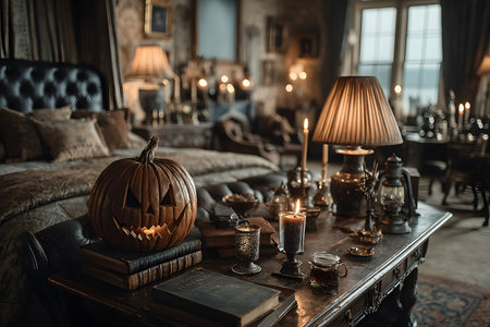 Vintage bedroom lit by warm candlelight, featuring a carved jack-o'-lantern as the centerpiece on a rustic wooden table. the cozy setting evokes a spooky halloween atmosphere, with antique books and elegant silverware enhancing the festive decor. Generative AIの素材