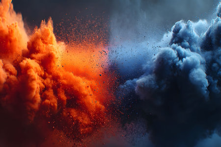 Vibrant clouds of fiery orange and cool blue smoke collide, creating a dynamic and dramatic abstract composition. the contrasting colors and textures evoke a sense of energy and balance, perfect for artistic expressions or designs. Generative AIの素材