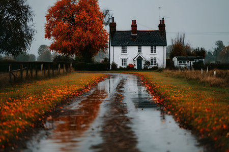 Charming countryside scene features a rustic white cottage framed by a vibrant autumn tree. a wet, leaf-strewn path leads to the house, capturing the serene beauty and tranquility of rural life in the fall. Generative AIの素材