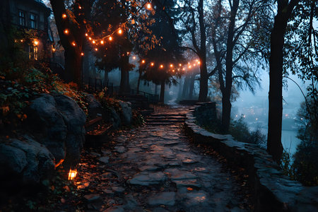 Explore a mystical forest pathway illuminated by glowing string lights on a misty evening. the serene atmosphere blends nature with ambient lighting, creating a tranquil and enchanting visual experience. Generative AIの素材