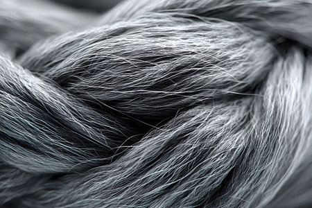 Intricate, detailed view of intertwined strands of gray hair showcasing texture and natural patterns. ideal for use in beauty industry materials emphasizing haircare, aging, or natural elegance concepts. Generative AIの素材