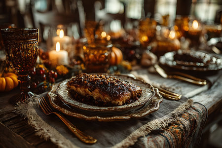A beautifully arranged thanksgiving dinner table features a centerpiece of roasted turkey, surrounded by elegant amber glassware and autumn decorations. soft candlelight enhances the rustic ambiance. Generative AIの素材