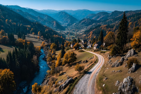 Scenic autumn landscape featuring a winding countryside road leading through a picturesque valley. surrounded by colorful fall foliage and rugged mountain peaks, the tranquil setting serene beauty of rural life. Generative AIの素材