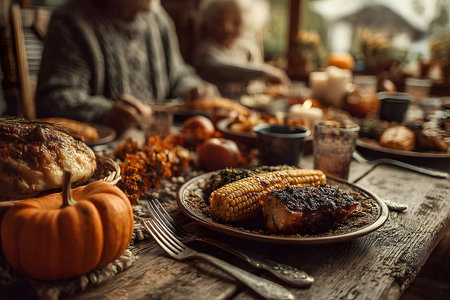 A warm, rustic autumn dinner table is laden with a variety of festive dishes. roasted turkey, grilled corn, and autumnal decorations like pumpkins and candles create a cozy, inviting ambiance ideal for a seasonal gathering. Generative AIの素材