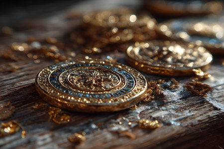 A collection of ornate antique gold coins is displayed on a rustic wooden surface, reflecting intricate historical designs. the play of light highlights the detailed craftsmanship, evoking a sense of history and elegance. Generative AIの素材