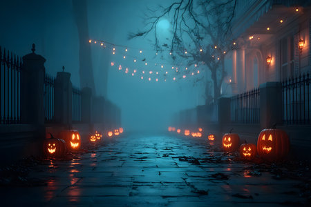 Glowing jack-o'-lanterns line a foggy path adorned with string lights and an eerie moonlit ambiance. leaf-strewn cobblestones and a spectral tree enhance the halloween atmosphere in a residential setting. Generative AIの素材
