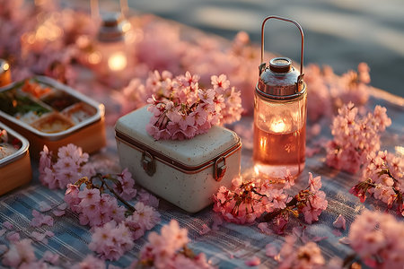 A picturesque spring picnic setup adorned with cherry blossoms on a plaid blanket. a lantern glows warmly, surrounded by delicate blossoms, creating an inviting and serene atmosphere for a peaceful outdoor meal. Generative AIの素材
