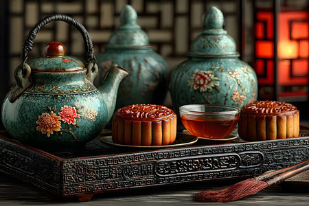 Elegant setup featuring a traditional asian tea set with intricately designed pots and tea cups, accompanied by mooncakes on a decorative tray. the ambiance is highlighted by warm lighting and cultural motifs, evoking a festive celebration. Generative AIの素材