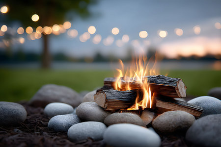 A serene outdoor setting featuring a campfire surrounded by stones, with glowing string lights in the background creating a warm and inviting atmosphere. ideal for themes of relaxation, outdoor gatherings, or evening campfires. Generative AIの素材