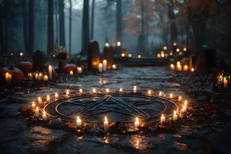 Atmospheric halloween setting with a candlelit pentagram on a stone path in a misty forest cemetery. illuminated pumpkins and gravestones enhance the eerie ambiance, creating a perfect backdrop for spooky-themed projects. Generative AIの素材