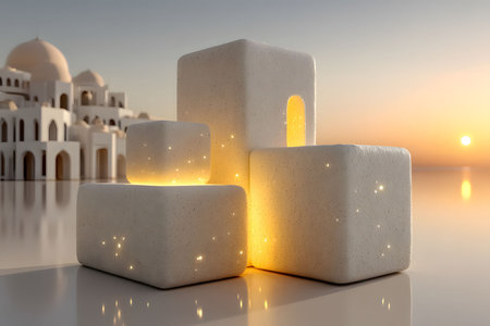 Minimalist mediterranean-style architecture set against a serene sunset, featuring glowing geometric cubes. the warm glow from the cubes contrasts beautifully with the tranquil, modern design. Generative AIの素材