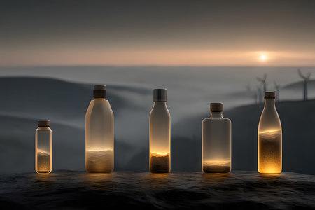 Bottles filled with sand are illuminated against a sunset sky, symbolizing sustainability and natural energy. wind turbines in the distance reinforce the theme of eco-friendly practices and renewable energy. Generative AIの素材
