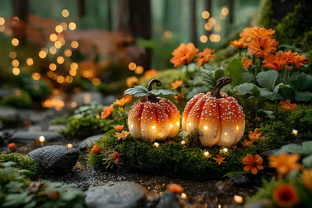 Enchanted forest setting features glowing pumpkins surrounded by orange flowers and moss. soft fairy lights create a magical atmosphere, with bokeh effects enhancing the whimsical autumn vibe. Generative AIの素材