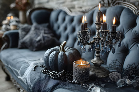 Gothic-inspired halloween decor featuring a black pumpkin and an ornate candelabra with lit candles on a vintage blue couch. accents of spiderwebs and beaded garlands enhance the festive, sophisticated atmosphere. Generative AIの素材