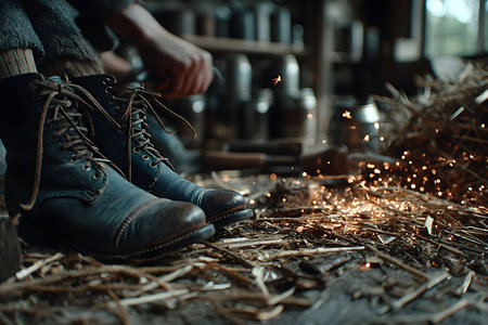 Leather boots rest on a straw-covered floor, surrounded by tools and flying sparks in a rustic workshop. the scene reflects craftsmanship, blending traditional methods with a gritty, authentic atmosphere. Generative AIの素材