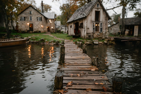 A serene autumn village with rustic wooden houses by the water. a weathered wooden pathway leads across the calm lake, lined with fallen leaves. dim lights in the distance add a cozy ambiance to the overcast setting. Generative AIの素材