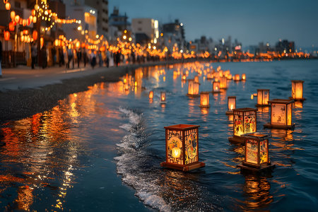 Lanterns glow softly as they float on gentle waves along a bustling seaside at twilight. the vibrant lights from the buildings create a serene yet festive atmosphere, embodying the beauty and tranquility of a coastal festival. Generative AIの素材