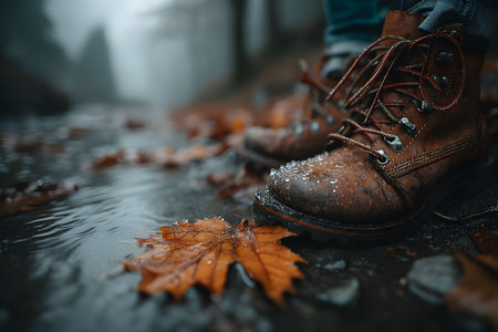 Close-up of rugged brown boots on a muddy path beside a flowing creek, surrounded by fallen autumn leaves. captures the essence of a misty forest adventure during a rainy day. Generative AIの素材