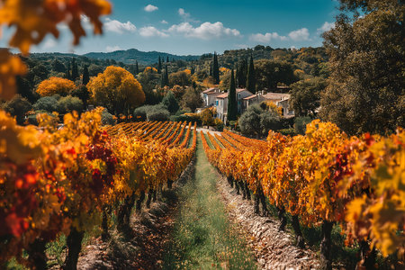 Vineyard rows in autumn display vibrant orange and red hues, leading the eye to a rustic country house nestled amidst trees. the scenic landscape conveys a serene, picturesque rural setting with lush greenery and blue skies. Generative AIの素材