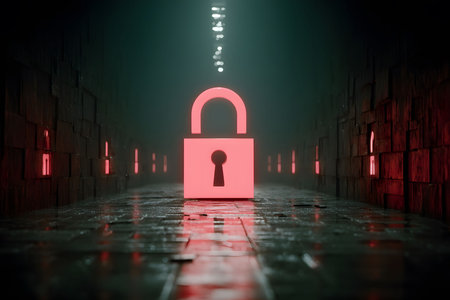 A glowing neon padlock symbolizing cybersecurity is positioned in a dark, narrow corridor. the reflective surface suggests an emphasis on privacy, digital protection, and technological safety. Generative AIの素材