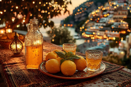 Scenic outdoor setting featuring a table adorned with fresh lemons, a glass bottle of drink, and two glasses. warm ambient lighting and a blurred cityscape enhance the mediterranean evening ambiance. Generative AIの素材