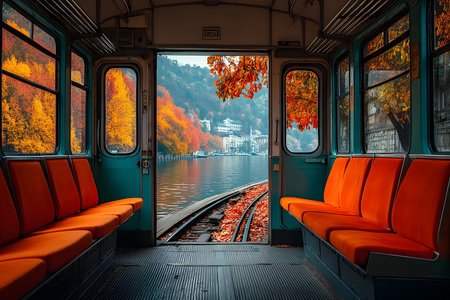 A train's interior frames a picturesque view of autumn foliage reflecting in a calm lake, creating a serene and colorful travel scene. bright orange seats complement the vibrant outside scenery, emphasizing the essence of fall. Generative AIの素材