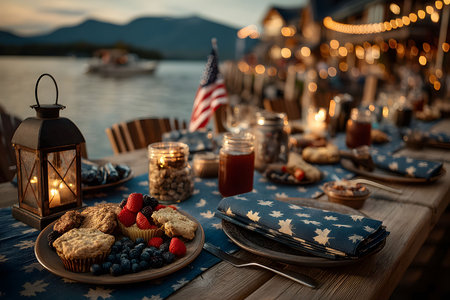 Evening lakeside dining experience with a patriotic theme, featuring a long wooden table adorned with lanterns, patriotic napkins, and a selection of desserts. a serene boat-filled lake serves as the backdrop with soft bokeh lights illuminating the scene. Generative AIの素材