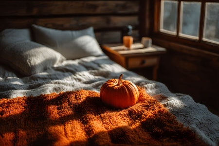 Sunlight filters through a window, illuminating a cozy bedroom with rustic wooden walls. a pumpkin sits on an orange blanket atop a bed, creating a warm, autumnal atmosphere ideal for seasonal decor. Generative AIの素材