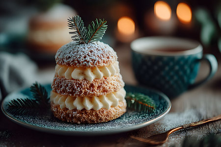 A beautifully arranged dessert features cream-filled pastries topped with powdered sugar and accented with fir sprigs. a warmly lit ambiance provides a cozy feel, perfect for winter gatherings or holiday feasts, with a cup on the side. Generative AIの素材