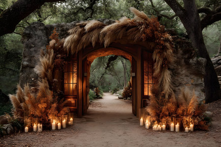 A rustic wedding entrance adorned with pampas grass and autumn foliage, framed by a weathered stone archway. candles line the path, creating a warm, inviting glow against a backdrop of lush green trees, perfect for a romantic celebration. Generative AIの素材