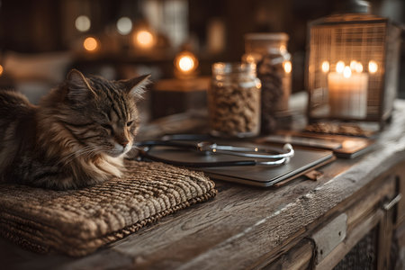A serene cat rests comfortably on a textured mat in a rustic setting, surrounded by warm candlelight. nearby, glass jars and veterinary tools add a unique blend of coziness and professionalism to the ambiance. Generative AIの素材