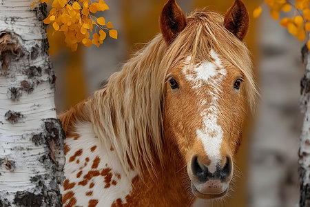 Spotted horse nestled between birch trees adorned with vibrant golden autumn leaves, creating a striking contrast between the horse's coat and the seasonal backdrop. capturing the serene essence of nature and wildlife. Generative AIの素材