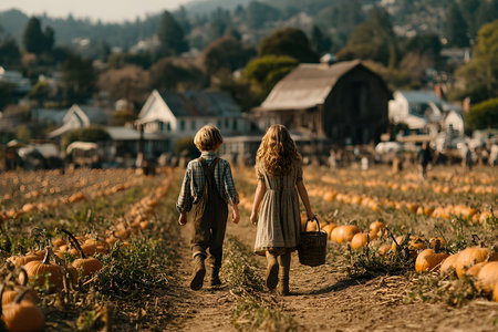 Children wander through a sprawling pumpkin patch on a sunny autumn day. surrounded by vibrant pumpkins, rustic barns, and distant hills, they embrace the spirit of the season, carrying a basket for their harvest exploration. Generative AIの素材
