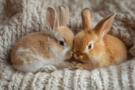 Two fluffy baby bunnies snuggle closely on a soft, knitted blanket, creating a heartwarming and tender scene perfect for easter or spring-themed designs and decorations. the gentle lighting and textures enhance the cozy atmosphere. Generative AIの素材