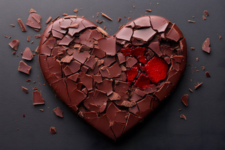 Heart-shaped dark chocolate with a cracked surface revealing a vibrant strawberry filling, symbolizing love and passion. ideal for valentine's day themes, romantic designs, or dessert presentations. Generative AIの素材
