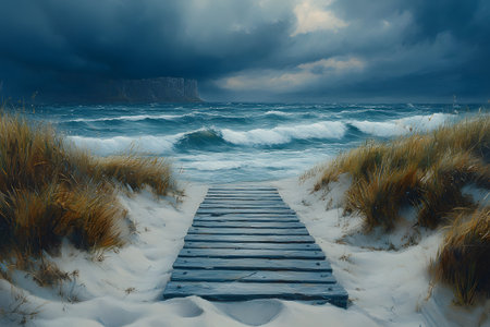 A wooden boardwalk leads through sand dunes toward a stormy coastline, with crashing waves and dark clouds looming overhead. the scene rugged beauty of nature, evoking feelings of solitude and the power of the sea. Generative AIの素材
