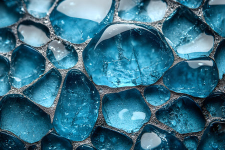Blue crystals with varying sizes and shapes form an abstract, textured background. the close-up view highlights the gemstones' glossy surfaces, creating a vibrant pattern ideal for artistic and decorative uses. Generative AIの素材