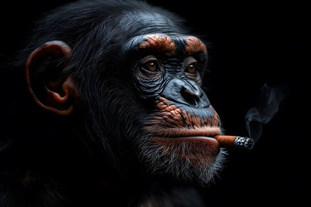A chimpanzee is depicted in profile against a dark background, holding a cigar between its lips. the dramatic lighting casts a thoughtful and contemplative expression, the detailed texture of its fur and facial features. Generative AIの素材