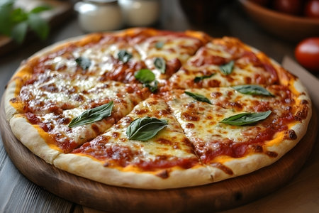 Margherita pizza features a golden, crisp crust topped with rich tomato sauce, melted mozzarella cheese, and fresh basil leaves. captured on a wooden board for a rustic, authentic feel, the image highlights a classic italian dish perfect for food inspiration. Generative AIの素材